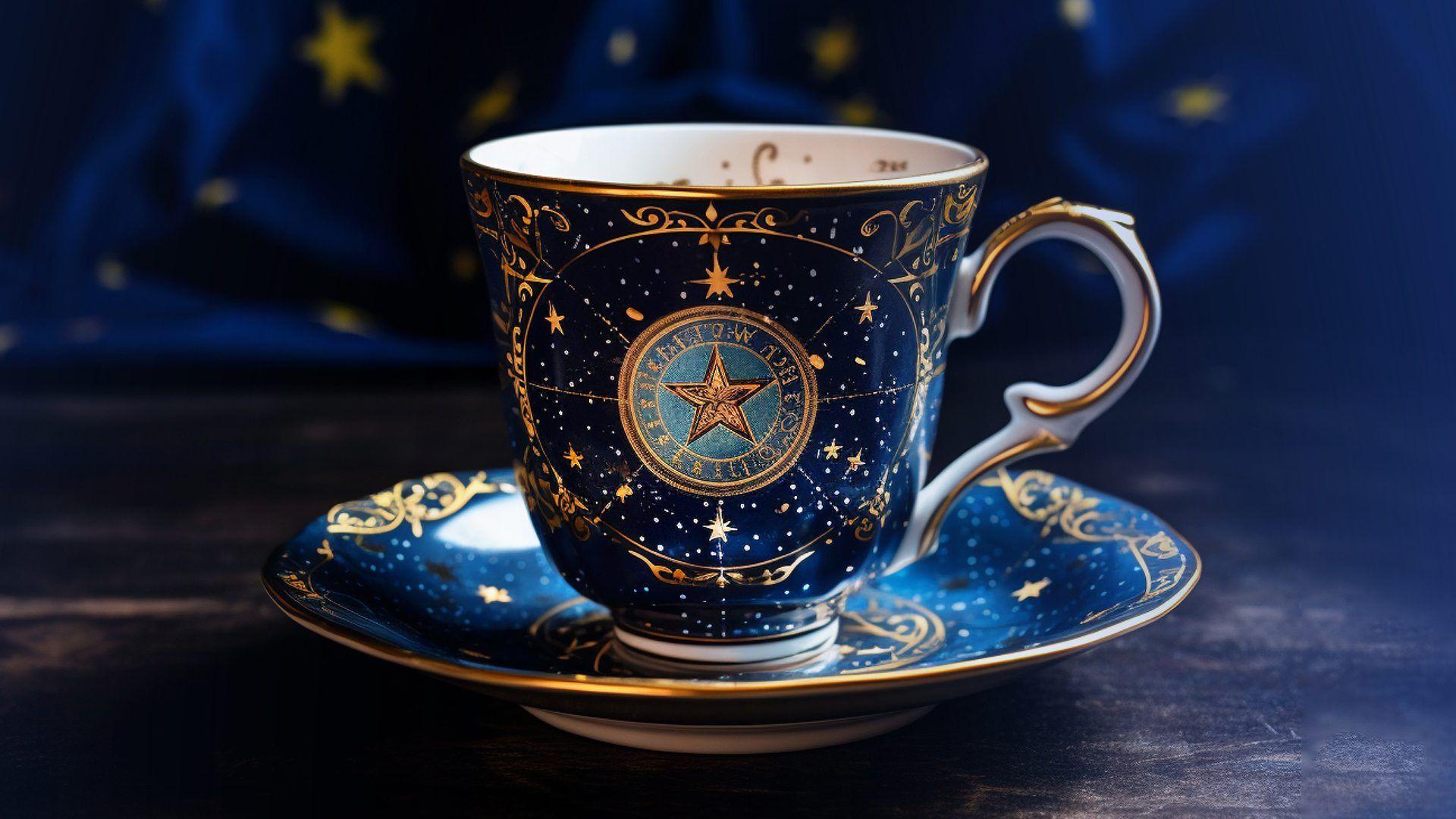 Ornate blue teacup with gold star design on a matching saucer.